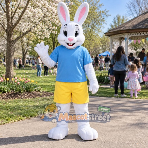 White Rabbit Mascot Costume with Blue Shirt and Yellow Shorts