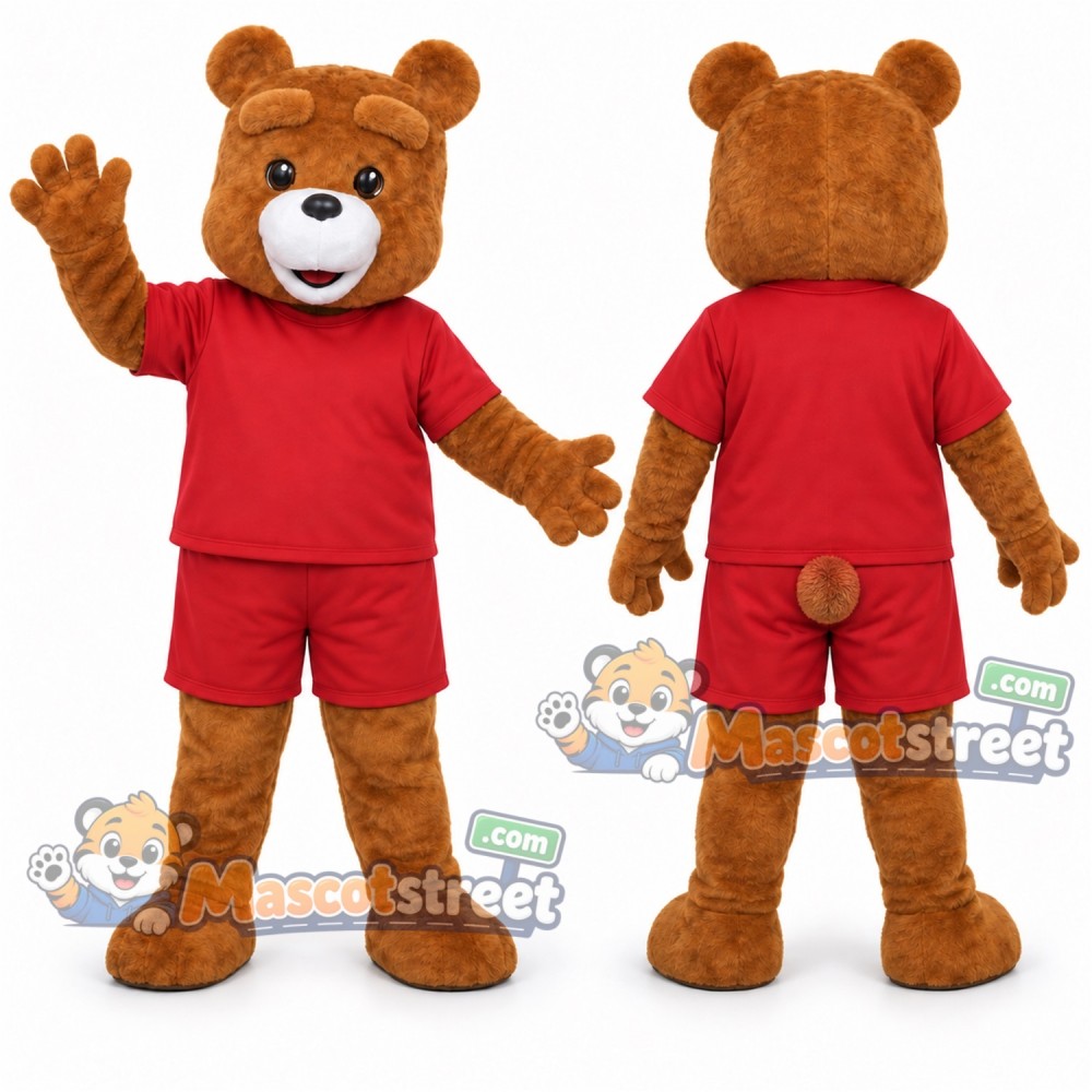 Brown Bear Mascot Costume with Red Shirt and Shorts
