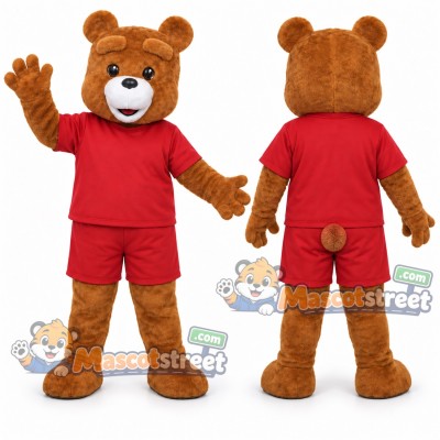 Brown Bear Mascot Costume with Red Shirt and Shorts