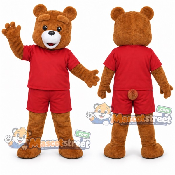 Brown Bear Mascot Costume with Red Shirt and Shorts