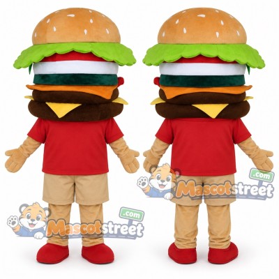 Hamburger Mascot Costume with Red Shirt and Beige Shorts Hamburger Mascot Costume with Red Shirt and Beige Shorts