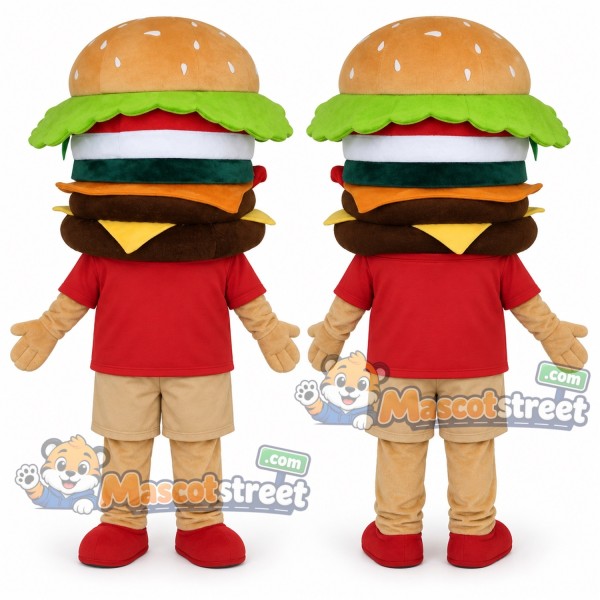 Hamburger Mascot Costume with Red Shirt and Beige Shorts