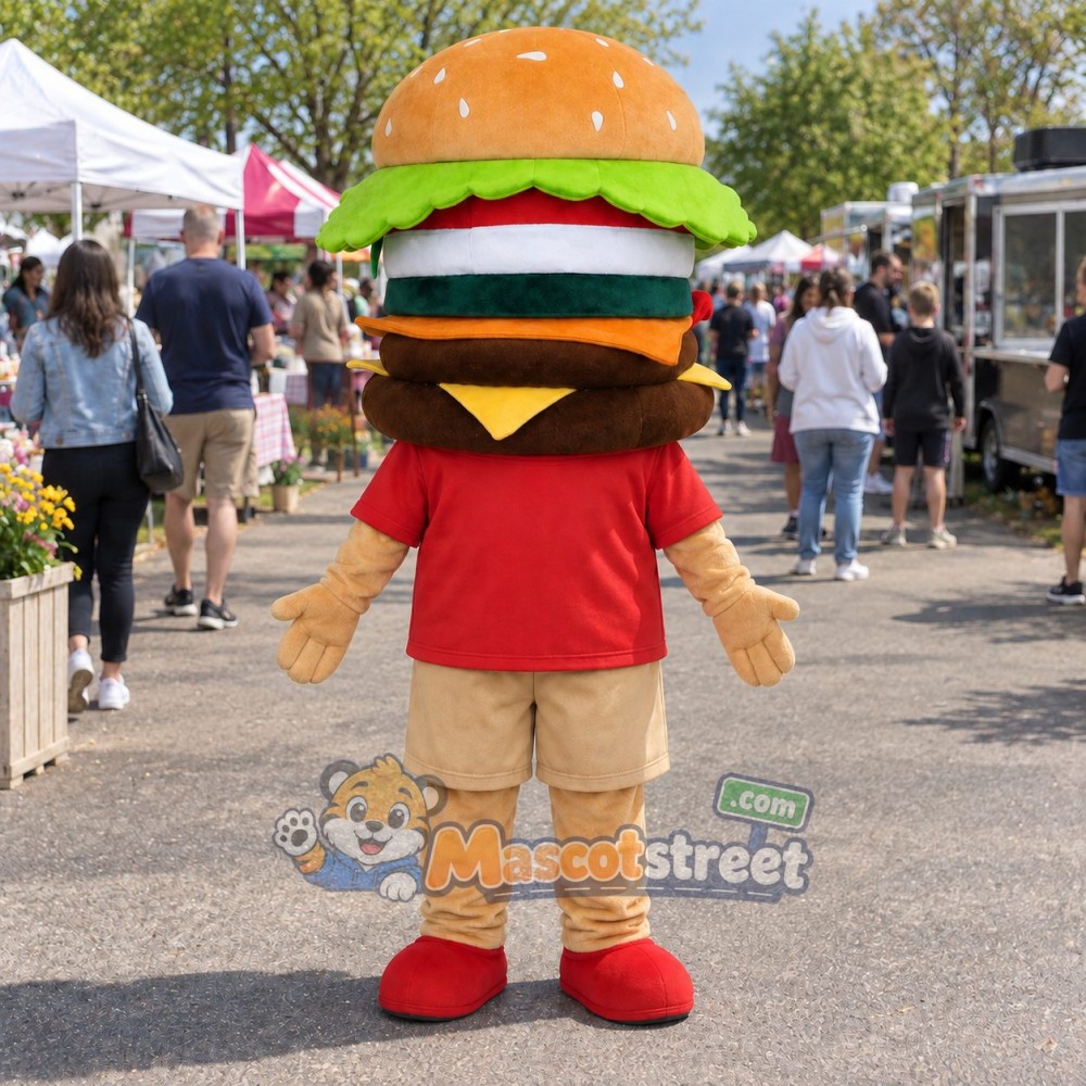 Hamburger Mascot Costume with Red Shirt and Beige Shorts Hamburger Mascot Costume with Red Shirt and Beige Shorts