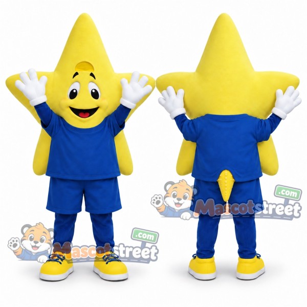Yellow Star Mascot Costume with Blue Shirt and Shorts