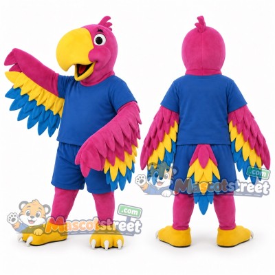 Pink Parrot Mascot Costume with Blue Shirt and Shorts
