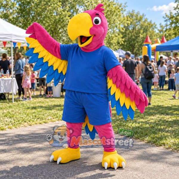 Pink Parrot Mascot Costume with Blue Shirt and Shorts