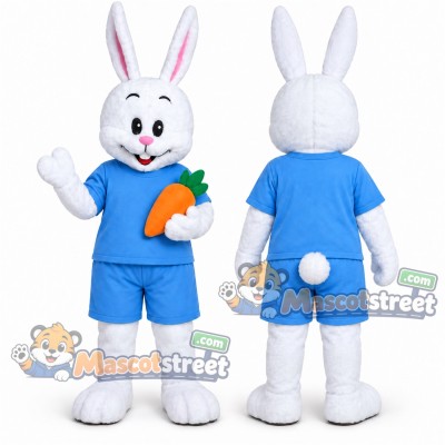 White Rabbit Mascot Costume with Blue Shirt and Shorts White Rabbit Mascot Costume with Blue Shirt and Shorts