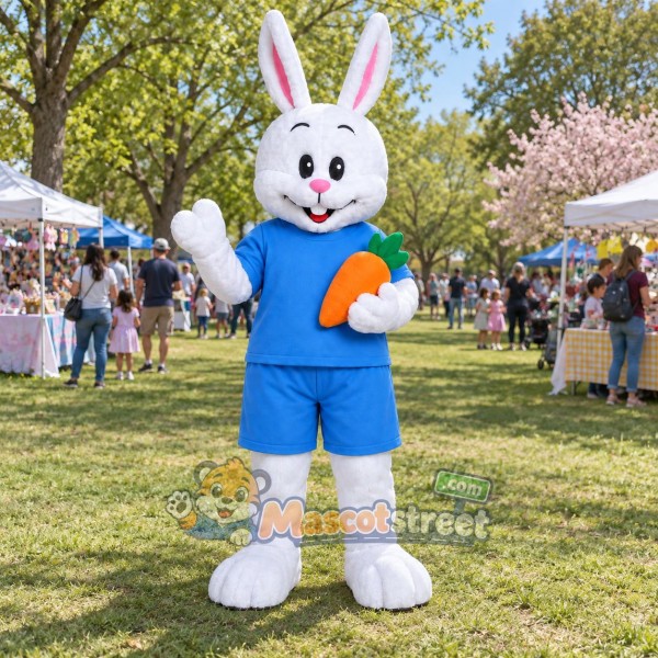 White Rabbit Mascot Costume with Blue Shirt and Shorts