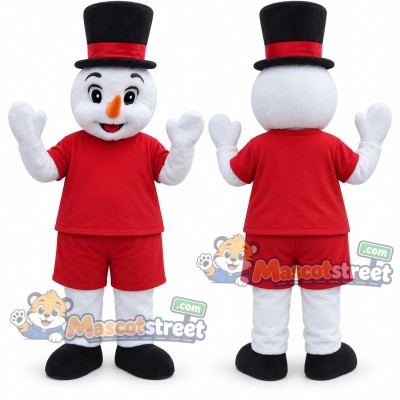 Snowman Mascot Costume with Red Shirt, Red Shorts and Black Top Hat