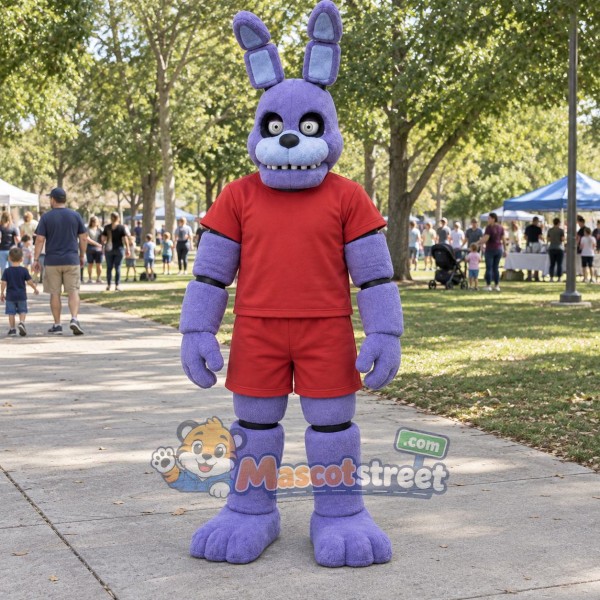 Purple Robot Rabbit Mascot Costume with Red Shirt and Shorts