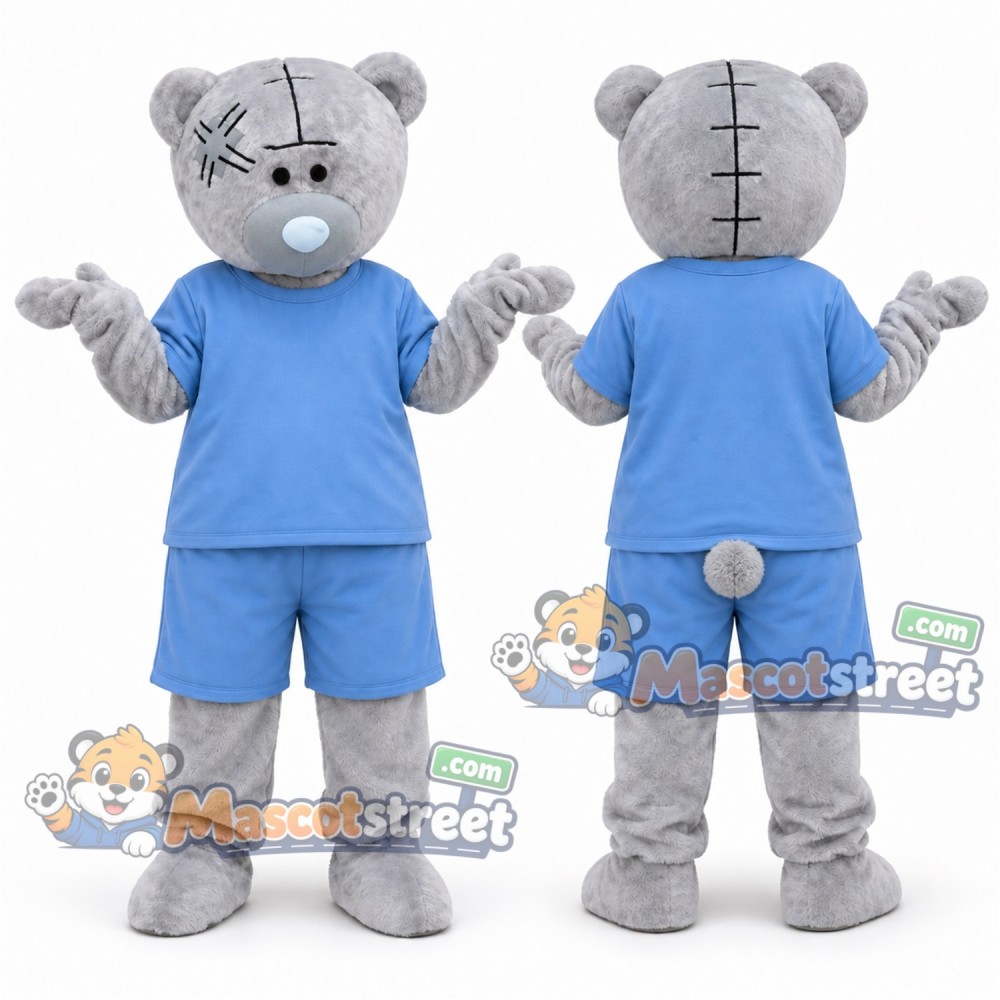 Gray Bear Mascot Costume with Light Blue Shirt and Shorts Gray Bear Mascot Costume with Light Blue Shirt and Shorts