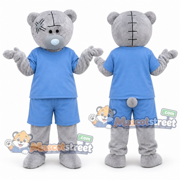 Gray Bear Mascot Costume with Light Blue Shirt and Shorts
