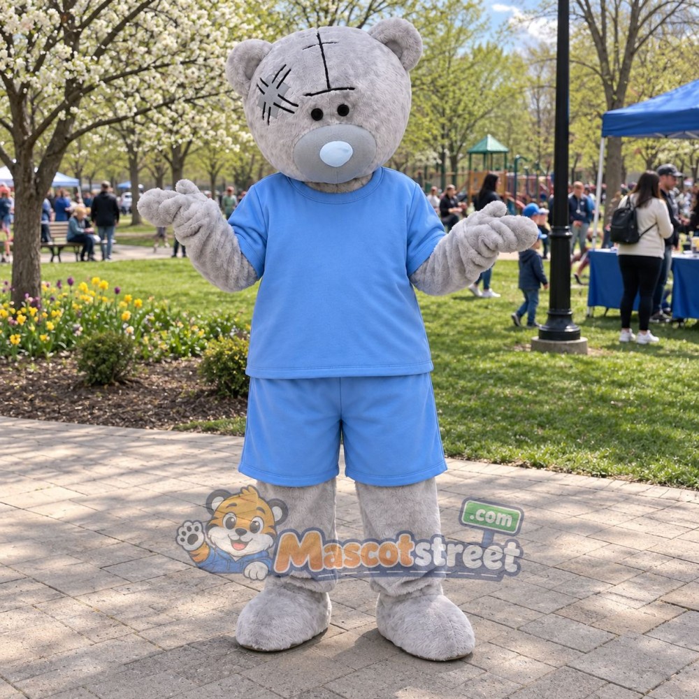 Gray Bear Mascot Costume with Light Blue Shirt and Shorts