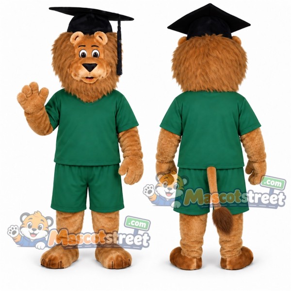 Brown Lion Graduate Mascot Costume with Green Shirt, Green Shorts and Graduation Cap