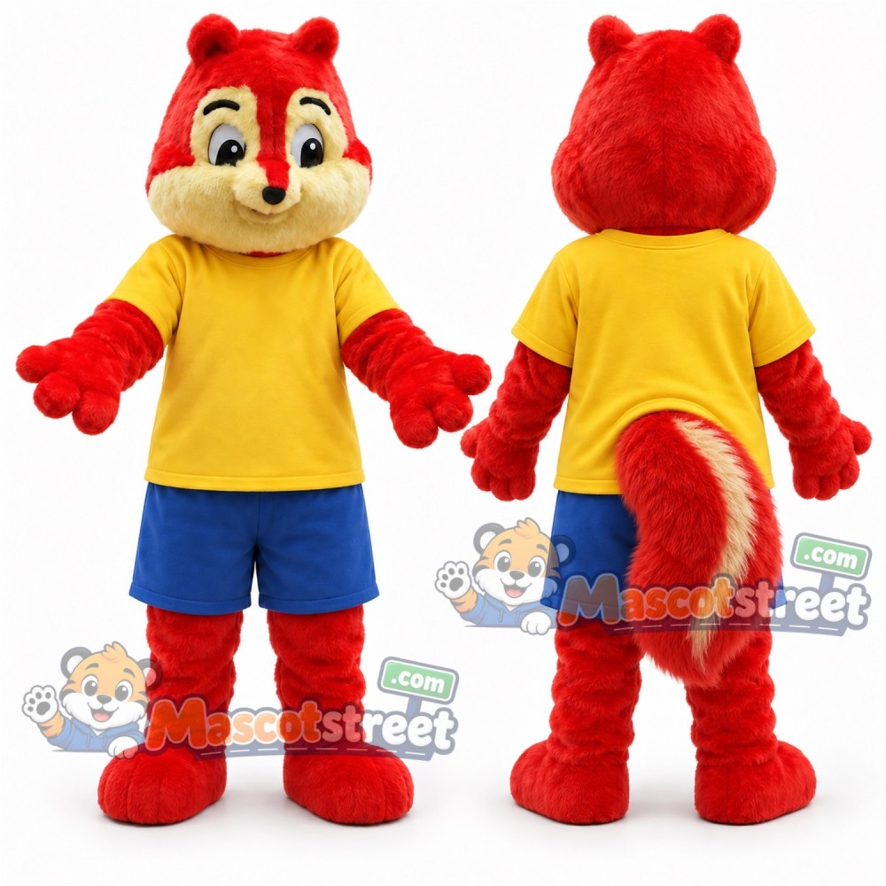 Red Squirrel Mascot Costume with Yellow Shirt and Blue Shorts Red Squirrel Mascot Costume with Yellow Shirt and Blue Shorts