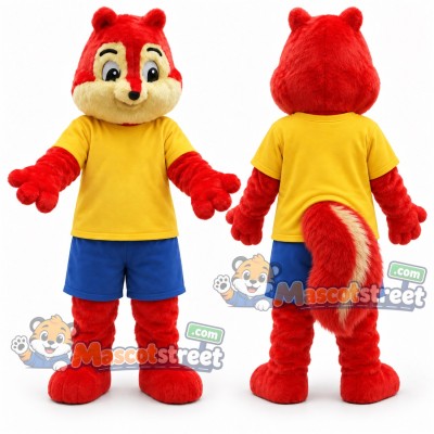 Red Squirrel Mascot Costume with Yellow Shirt and Blue Shorts Red Squirrel Mascot Costume with Yellow Shirt and Blue Shorts