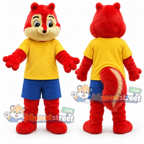 Red Squirrel Mascot Costume with Yellow Shirt and Blue Shorts