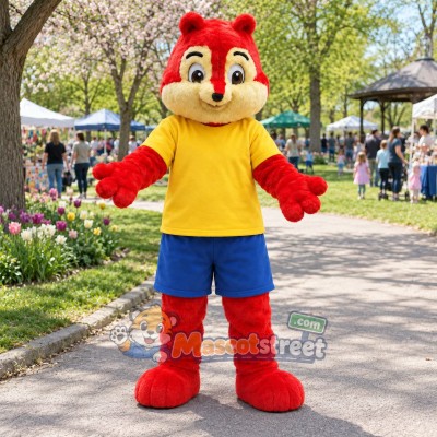Red Squirrel Mascot Costume with Yellow Shirt and Blue Shorts Red Squirrel Mascot Costume with Yellow Shirt and Blue Shorts