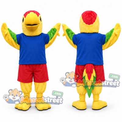Yellow Parrot Mascot Costume with Blue Shirt and Red Shorts