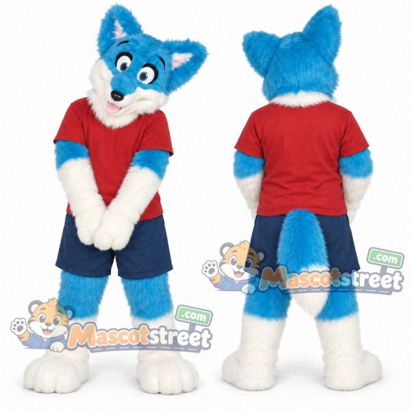 Blue and White Canine Mascot Costume with Red Shirt and Navy Shorts