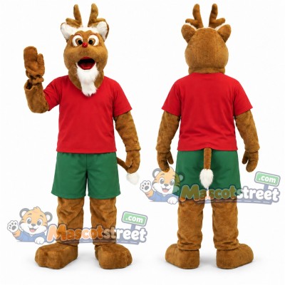 Brown Reindeer Mascot Costume with Red Shirt and Green Shorts