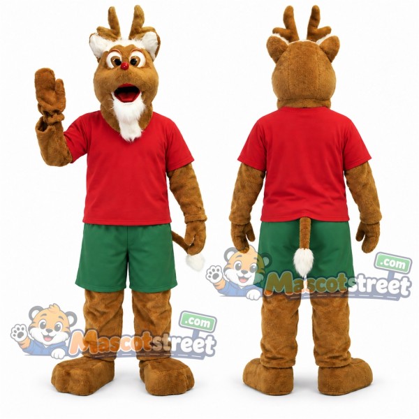 Brown Reindeer Mascot Costume with Red Shirt and Green Shorts