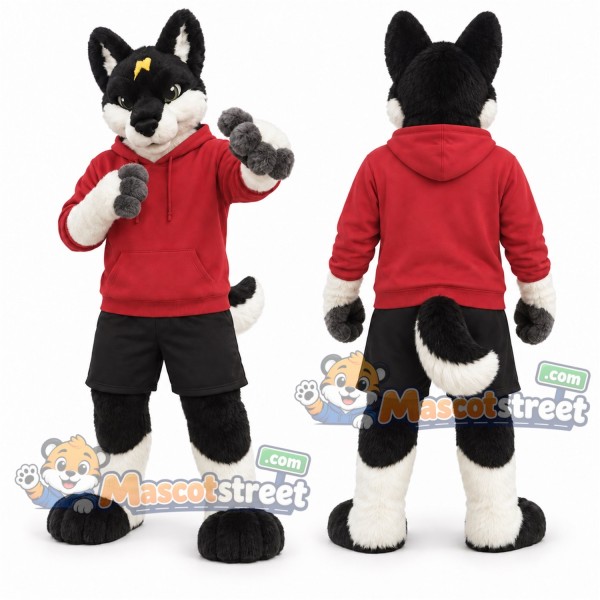 Black and White Wolf Mascot Costume with Red Hoodie and Black Shorts
