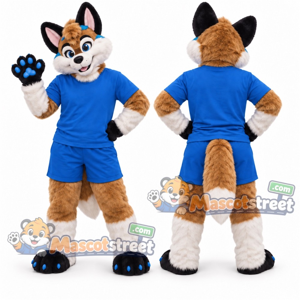 Brown and White Canine Mascot Costume with Blue Shirt and Shorts Brown and White Canine Mascot Costume with Blue Shirt and Shorts