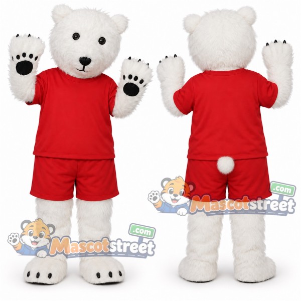 White Polar Bear Mascot Costume with Red Shirt and Shorts
