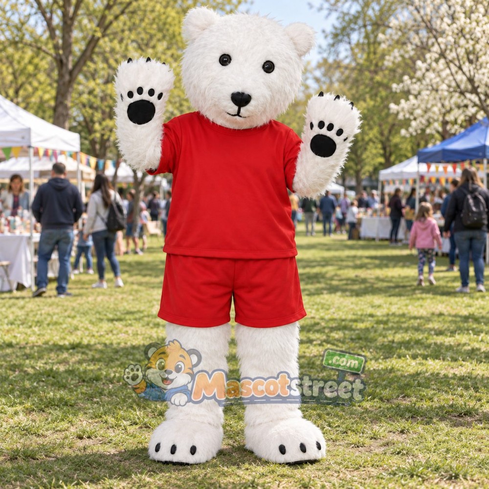 White Polar Bear Mascot Costume with Red Shirt and Shorts White Polar Bear Mascot Costume with Red Shirt and Shorts