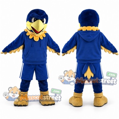 Blue and Yellow Parrot Mascot Costume with Blue Shirt and Shorts