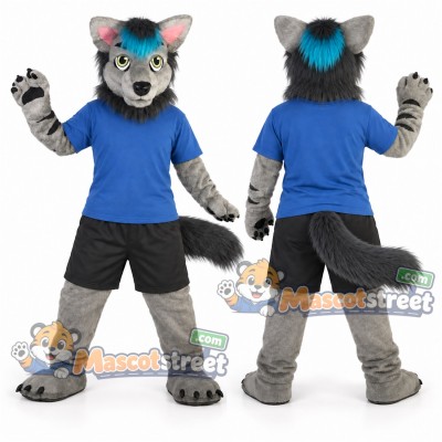 Gray and Teal Canine Mascot Costume with Blue Shirt and Black Shorts Gray and Teal Canine Mascot Costume with Blue Shirt and Black Shorts