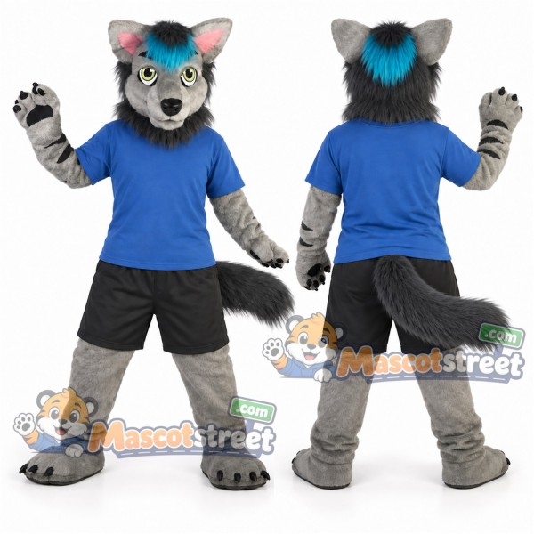 Gray and Teal Canine Mascot Costume with Blue Shirt and Black Shorts