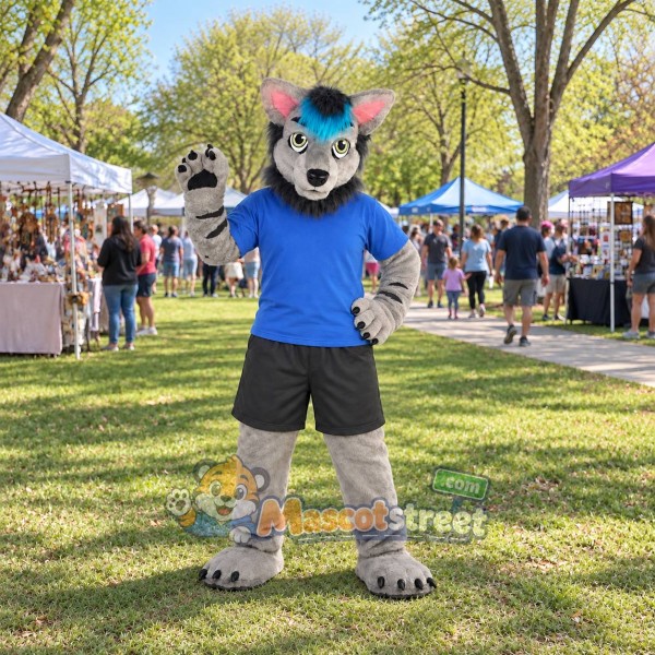 Gray and Teal Canine Mascot Costume with Blue Shirt and Black Shorts Gray and Teal Canine Mascot Costume with Blue Shirt and Black Shorts