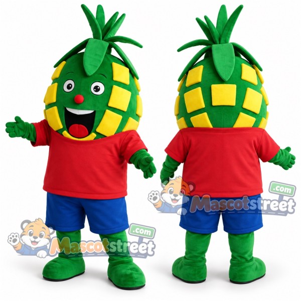 Green Pineapple Mascot Costume with Red Shirt and Blue Shorts