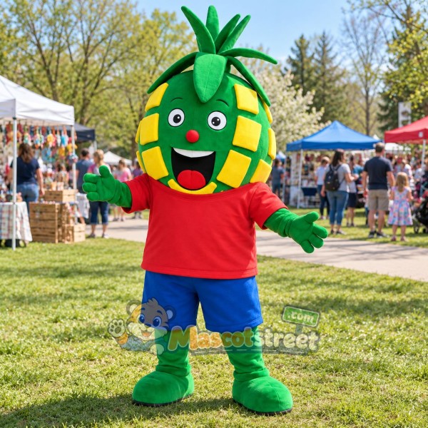 Green Pineapple Mascot Costume with Red Shirt and Blue Shorts Green Pineapple Mascot Costume with Red Shirt and Blue Shorts