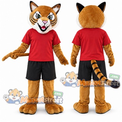 Orange Tiger Mascot Costume with Red Shirt and Black Shorts
