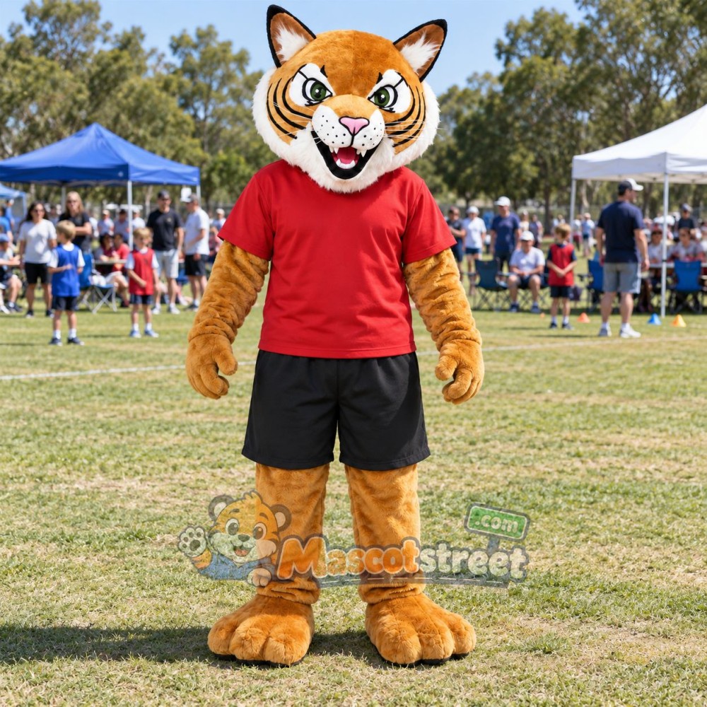 Orange Tiger Mascot Costume with Red Shirt and Black Shorts Orange Tiger Mascot Costume with Red Shirt and Black Shorts
