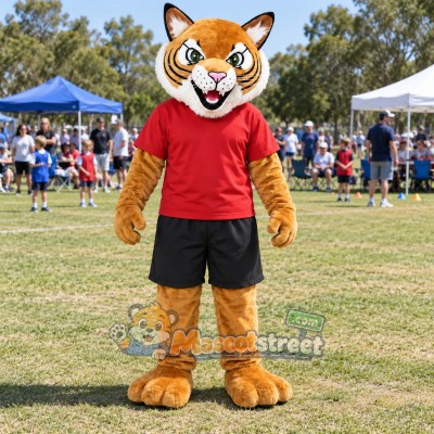 Orange Tiger Mascot Costume with Red Shirt and Black Shorts Orange Tiger Mascot Costume with Red Shirt and Black Shorts