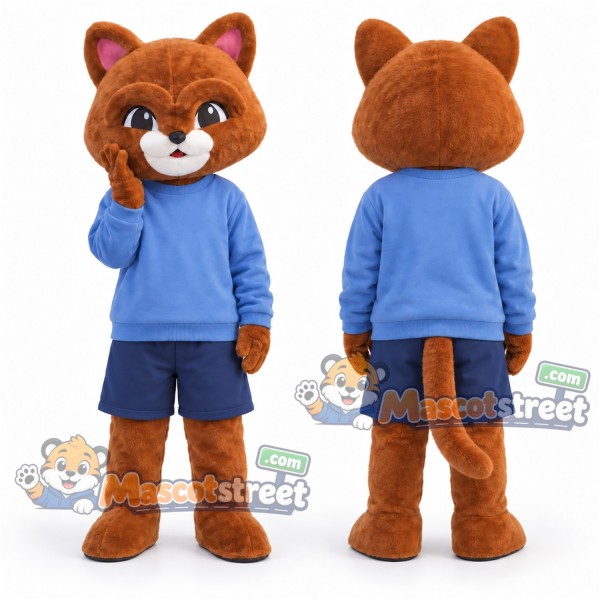 Orange Cat Mascot Costume with Light Blue Hoodie and Navy Shorts