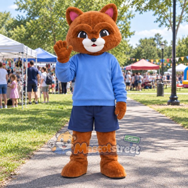 Orange Cat Mascot Costume with Light Blue Hoodie and Navy Shorts Orange Cat Mascot Costume with Light Blue Hoodie and Navy Shorts