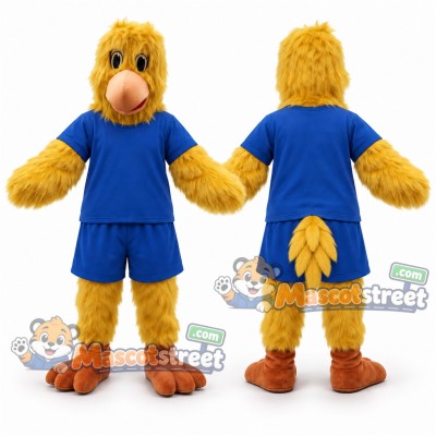 Yellow Bird Mascot Costume with Blue Shirt and Shorts