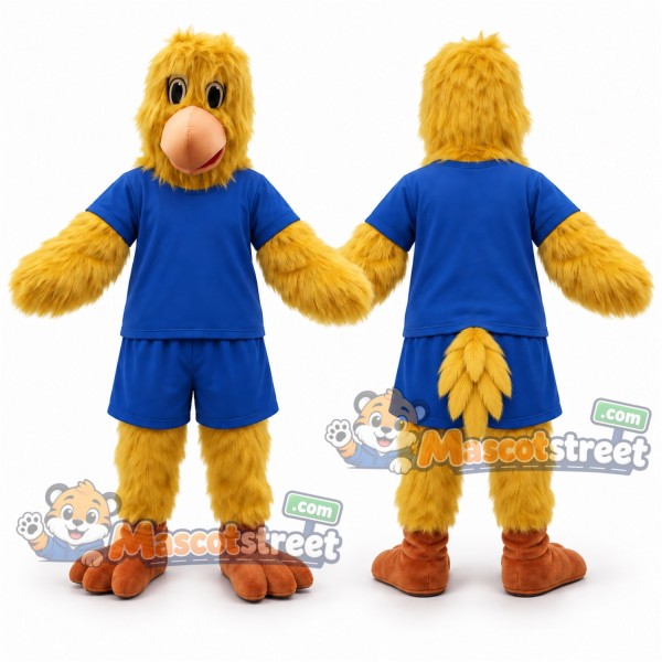 Yellow Bird Mascot Costume with Blue Shirt and Shorts