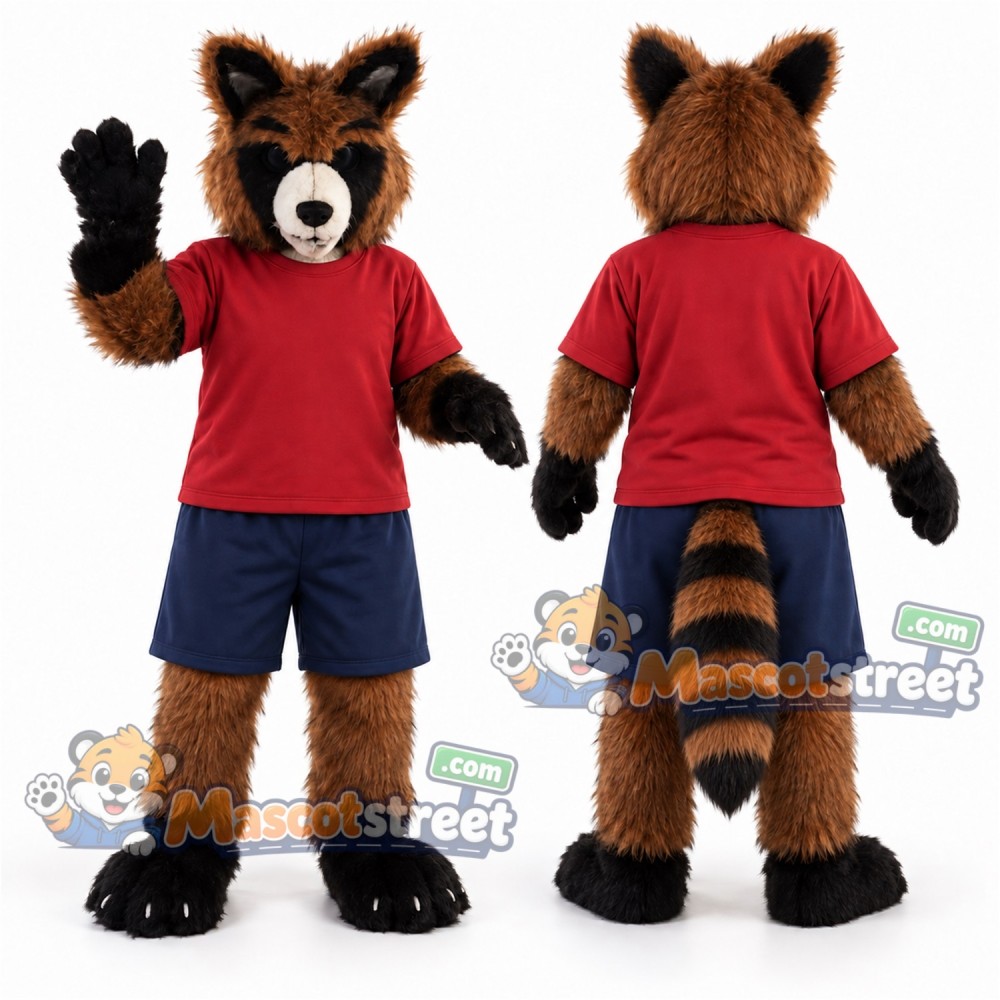 Brown Raccoon Mascot Costume with Red Shirt and Navy Shorts