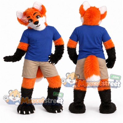 Orange and White Fox Mascot Costume with Blue Shirt and Beige Shorts