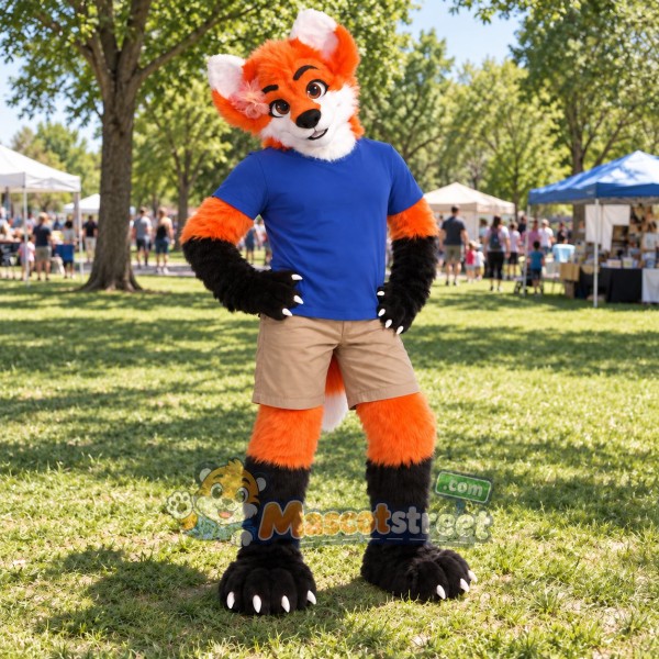 Orange and White Fox Mascot Costume with Blue Shirt and Beige Shorts Orange and White Fox Mascot Costume with Blue Shirt and Beige Shorts