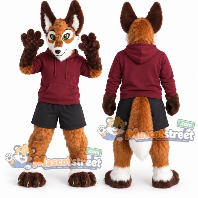 Brown and White Fox Mascot Costume with Burgundy Hoodie and Black Shorts Brown and White Fox Mascot Costume with Burgundy Hoodie and Black Shorts