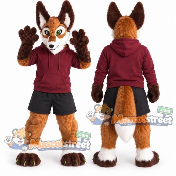 Brown and White Fox Mascot Costume with Burgundy Hoodie and Black Shorts