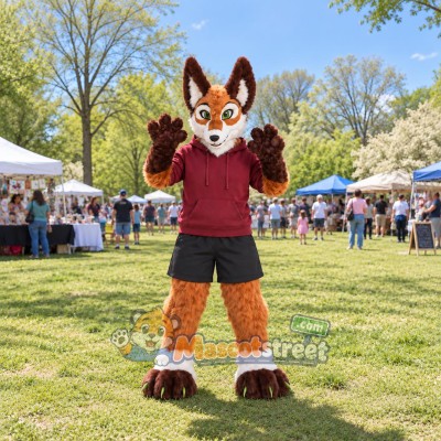 Brown and White Fox Mascot Costume with Burgundy Hoodie and Black Shorts