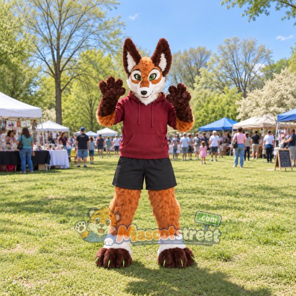 Brown and White Fox Mascot Costume with Burgundy Hoodie and Black Shorts Brown and White Fox Mascot Costume with Burgundy Hoodie and Black Shorts